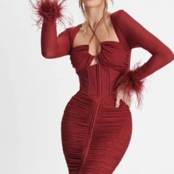 Mesh Midi Dress with feathered cuffs burgundy - Picture 3 of 3